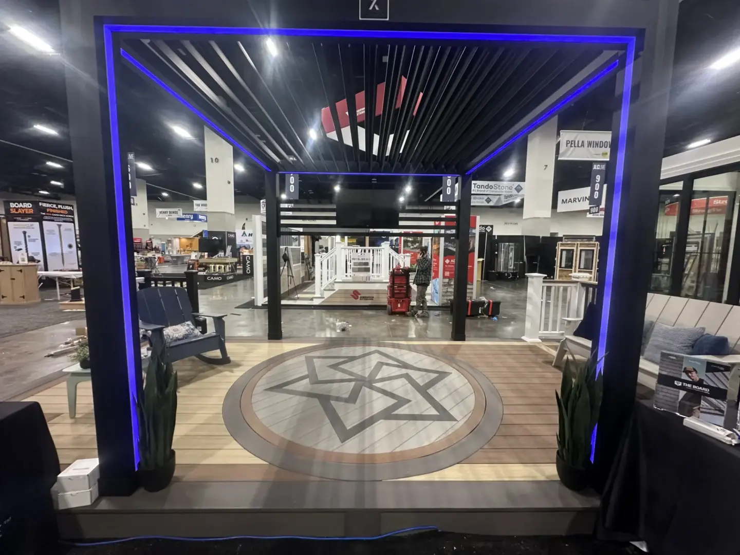 Modern pergola display with blue led lighting at home improvement expo hall